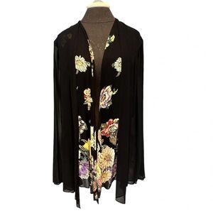 Dorothy Schoelen Platinum Black and Floral Crepe Kimono Open Jacket Large